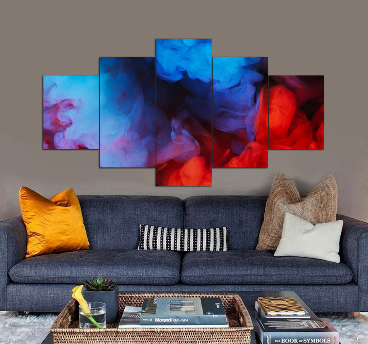 Blue Red Smoke Abstract 3D 5 piece canvas art