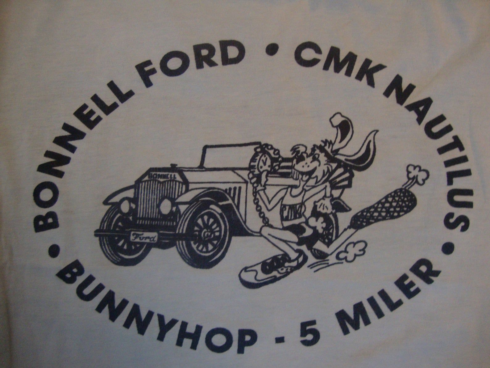 Vintage 80’s Colman’s Sporting Goods Bonnell Ford Cmk Nautilus Bunnyhop 5 Miler Bunny Blue T Shirt M