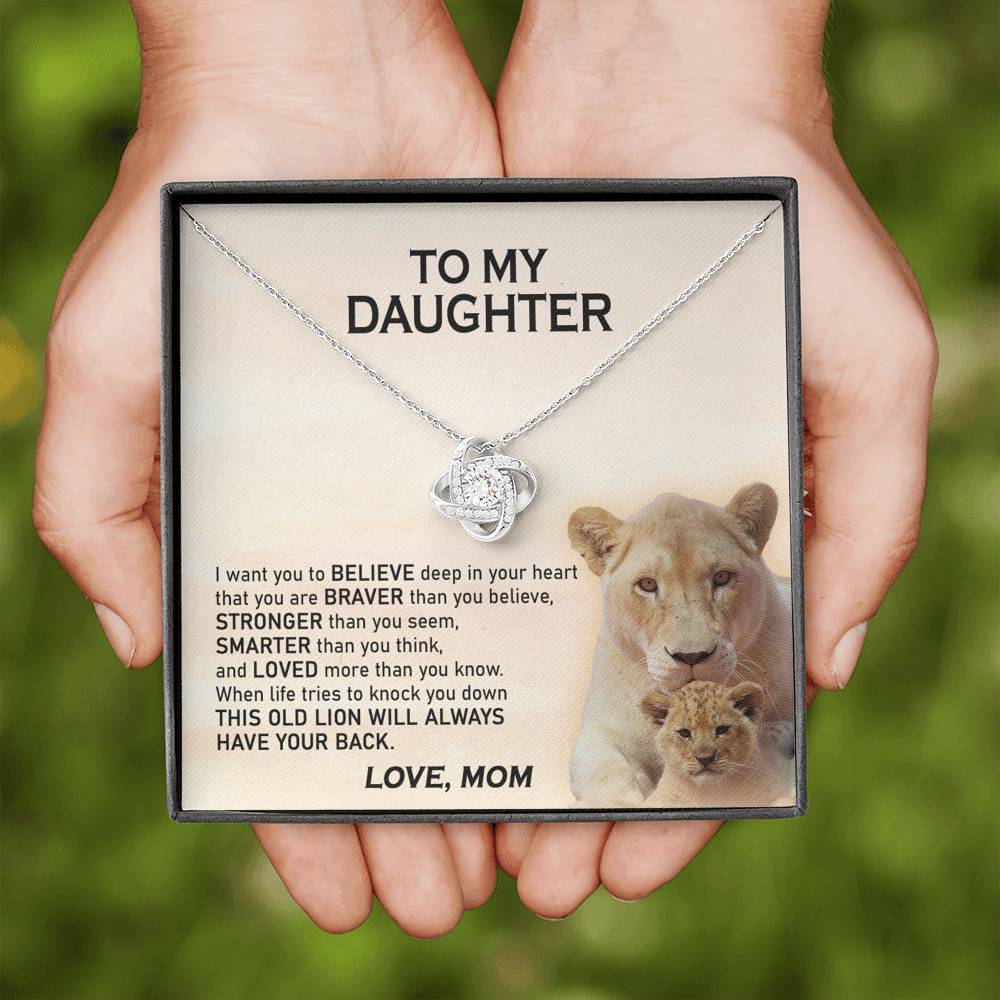 To My Daughter – This Old Lion Will Always Have Your Back – Love, Mom – Love Knot Necklace