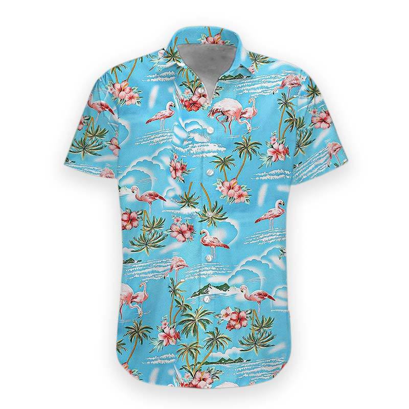 Flamingo Aloha Shirt Blue Ocean Palm Tree Hawaii Ha11972