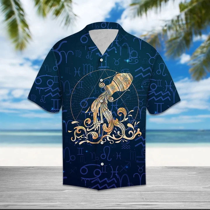 Amazing Aquarius Zodiac Symbol On Blue Pattern Hawaii Shirt Ha4832