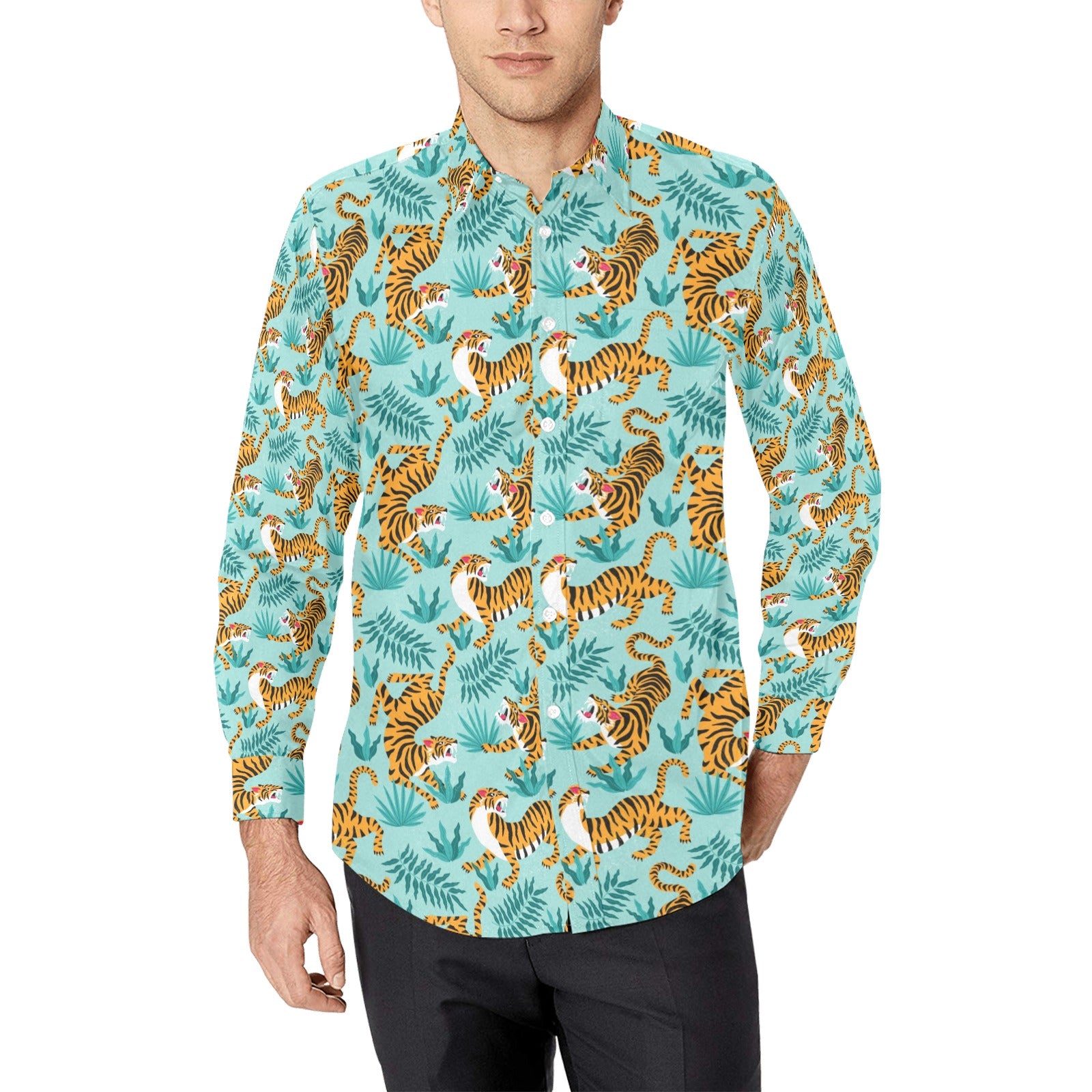 Tiger Print Design Lks304 Long Sleeve Dress Shirt