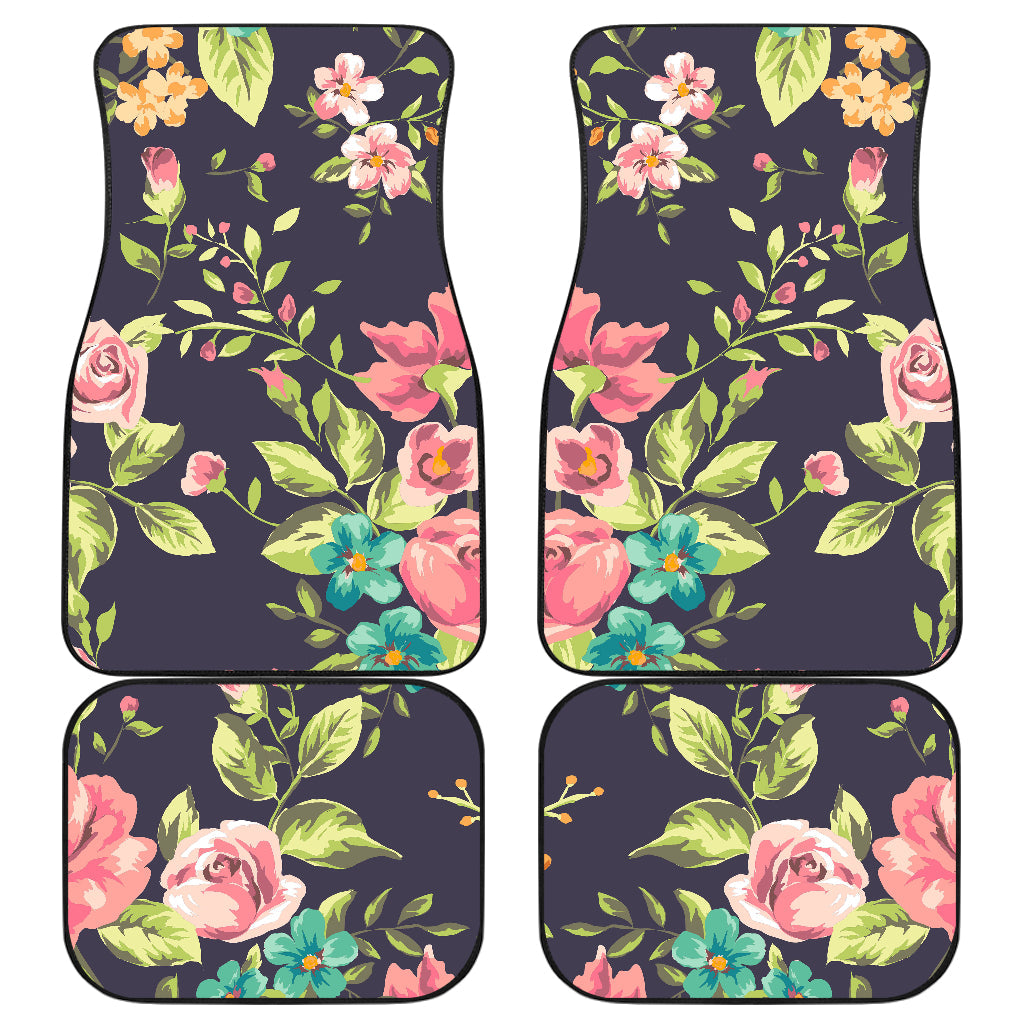 Vintage Rose Floral Flower Pattern Print Front And Back Car Floor Mats, Front Car Mat