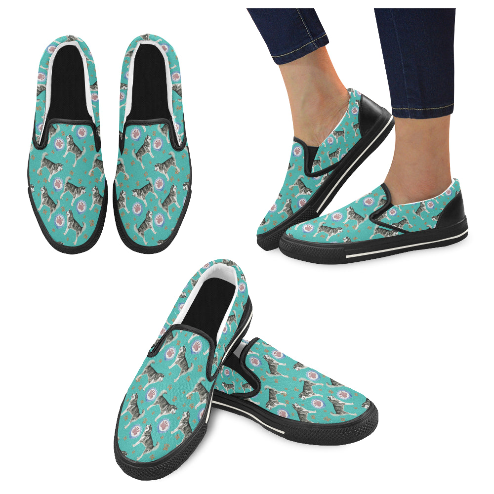 Alaskan Malamute Water Colour Pattern No.1 Black Women’s Slip-on Canvas Shoes/Large Size (Model 019)