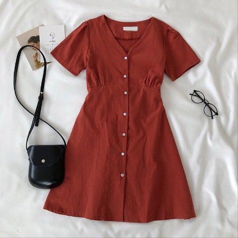 Summer New Retro Design Single Button V-neck Short-Sleeve Dress Women Woman Dress Vestido De Mujer Femme Robe alx