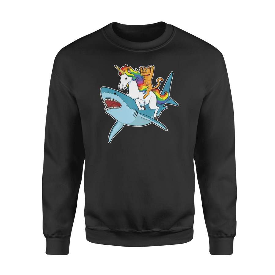 Cat Riding Unicorn Riding Shark T-Shirt – Standard Fleece Sweatshirt