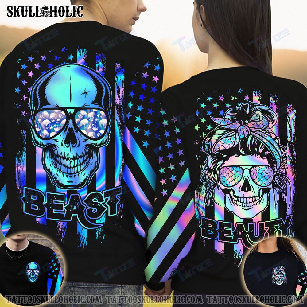 Matching Couple Shirt Beast Beauty Hologram Couple Skull 3D All Over Printed Shirt, Sweatshirt, Hoodie, Bomber Jacket Size S – 5Xl