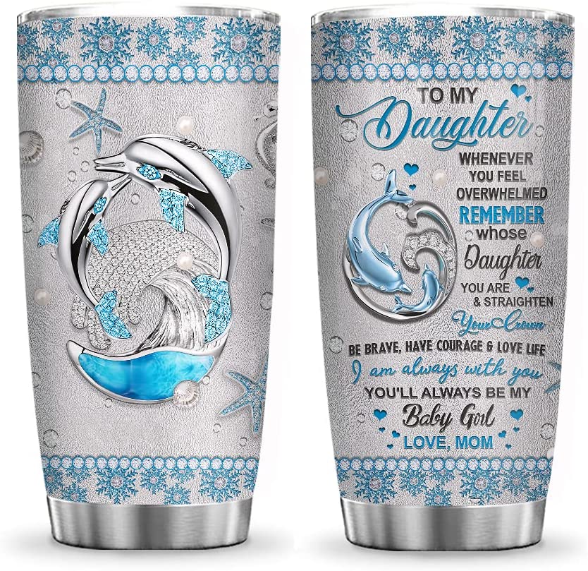 20Oz Mother Dolphin To My Daughter, Dolphin Inspiration Tumbler Cup With Lid, Double Wall Vacuum Thermos Insulated Travel Coffee Mug