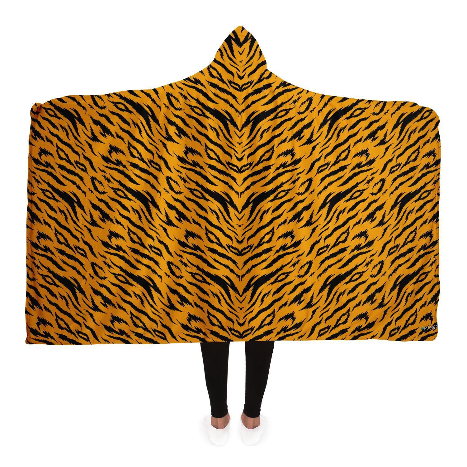 TIGER PATTERN PREMIUM HOODED BLANKET with Wrist Straps | Plush, Premium Sherpa | Kids, Adult