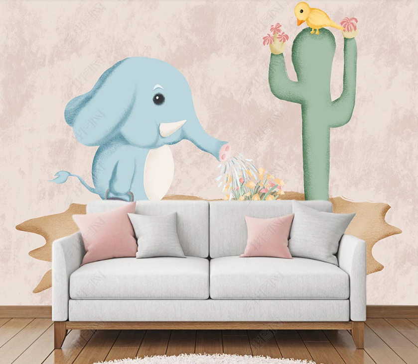 3D Hand Drawn Animal Elephant Cactus Wall Mural Wallpaper Lqh 90