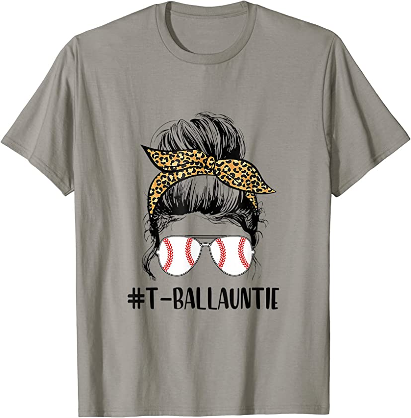 T-ball Auntie Life Messy Bun Leopard Print Softball Auntie T-Shirt