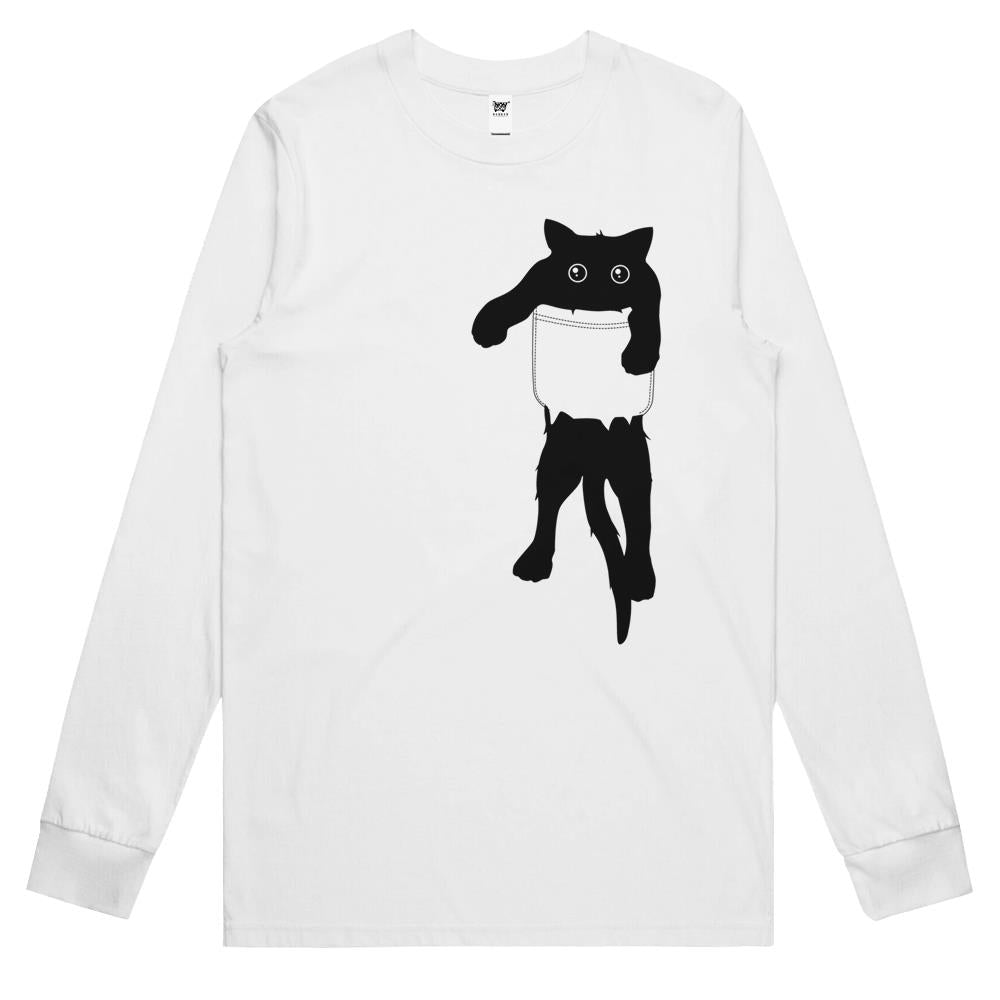 Hang Loose Black Cat Pocket Art Long Sleeve T Shirts