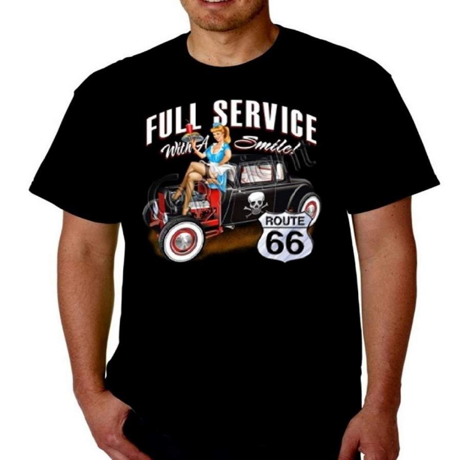 Full Service Drive In Hot Rod T Shirt Route 66 Vintage Car Skulls Tee Printed T Shirt Men Cotton T-Shirt New Style