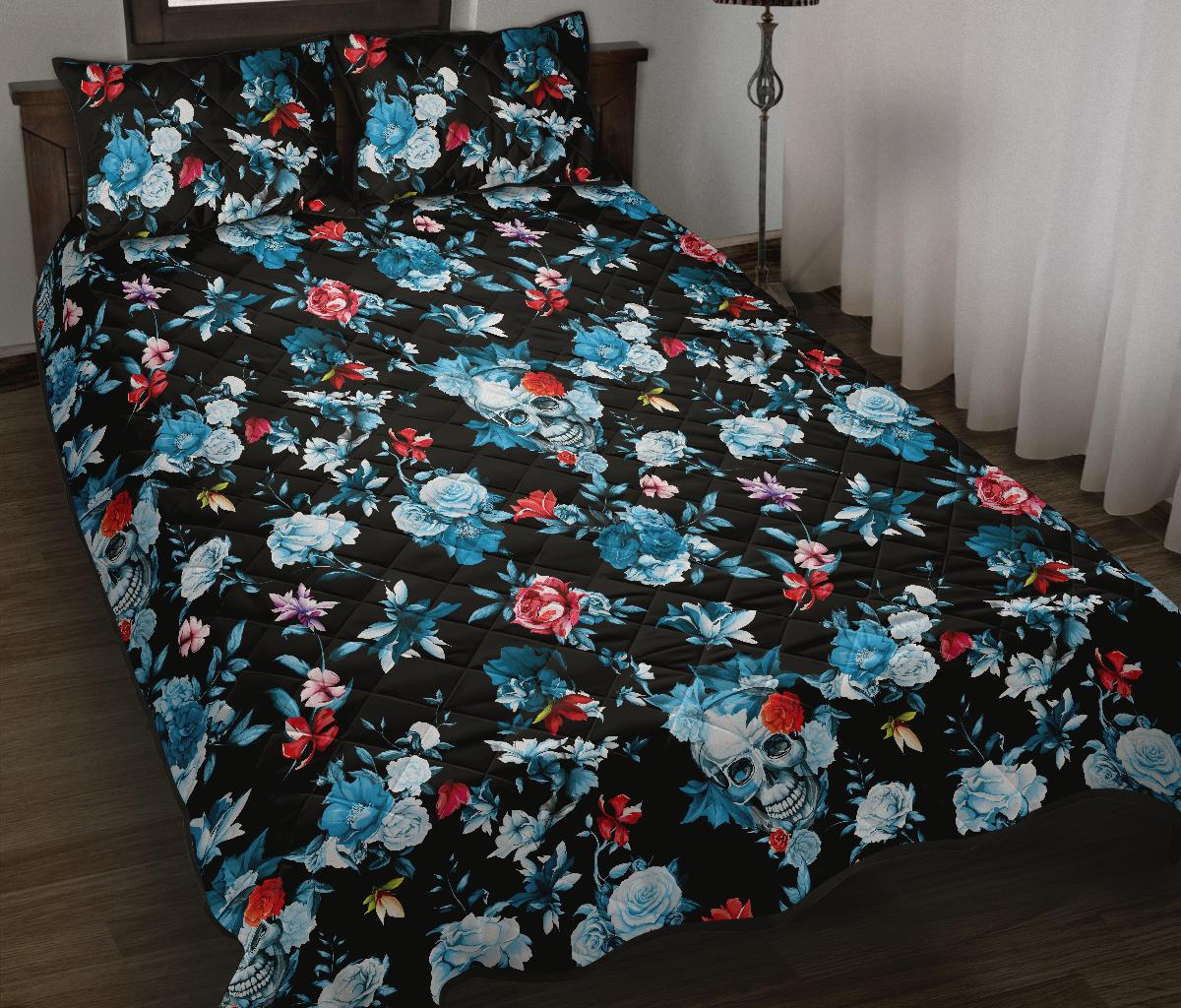 Skull flower roses leave pattern Quilt Bed Set