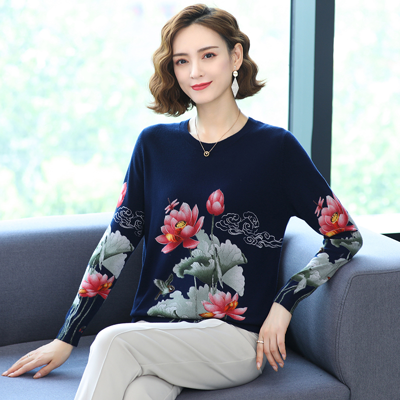 YISU 2021 New Casual Spring Autumn Women Sweater O-Neck Lotus Printing Long sleeve Tops Female Jumper Loose Knitted pullover alx