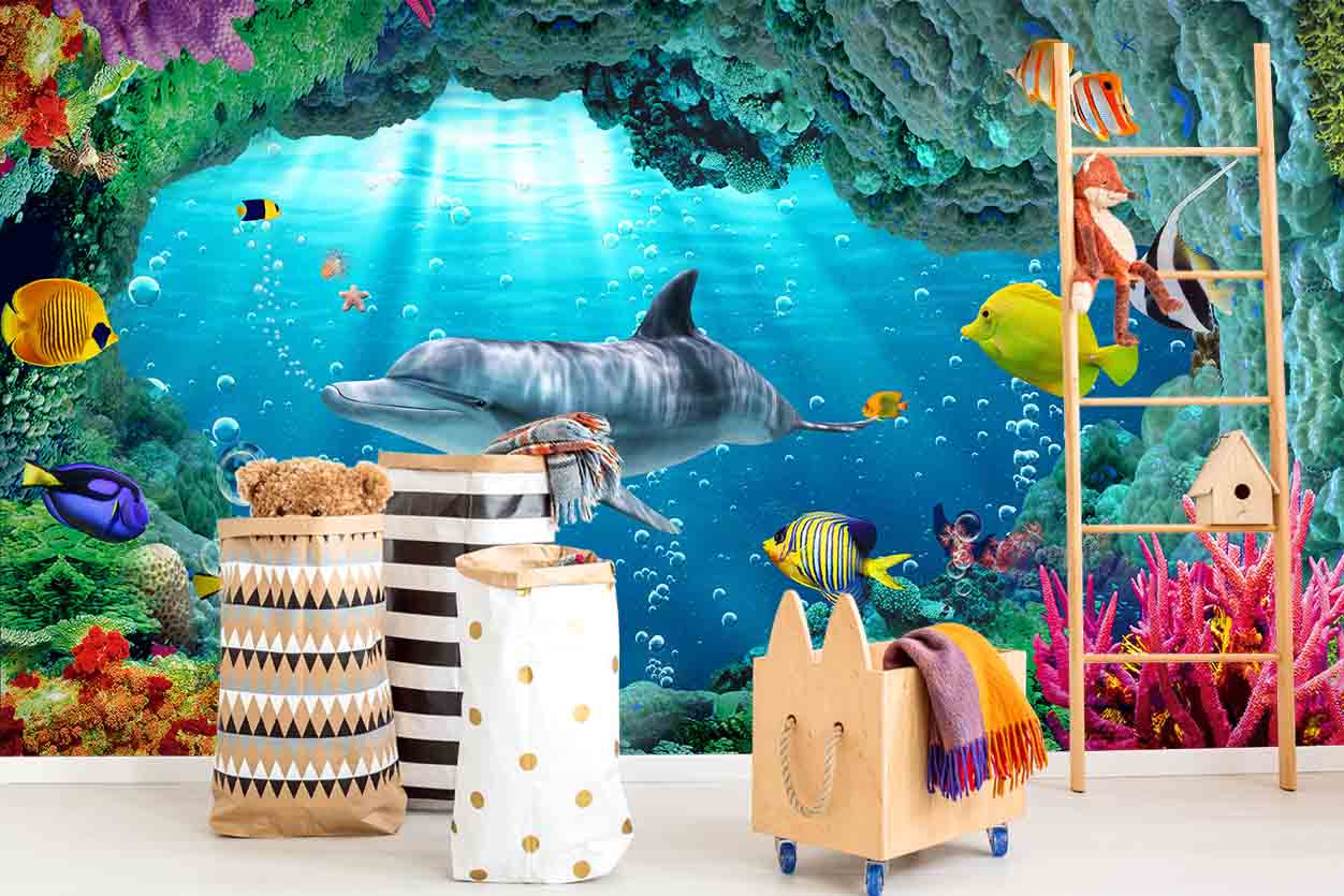 3D Dolphin Underwater World Wall Mural Wallpaper Lqh 27