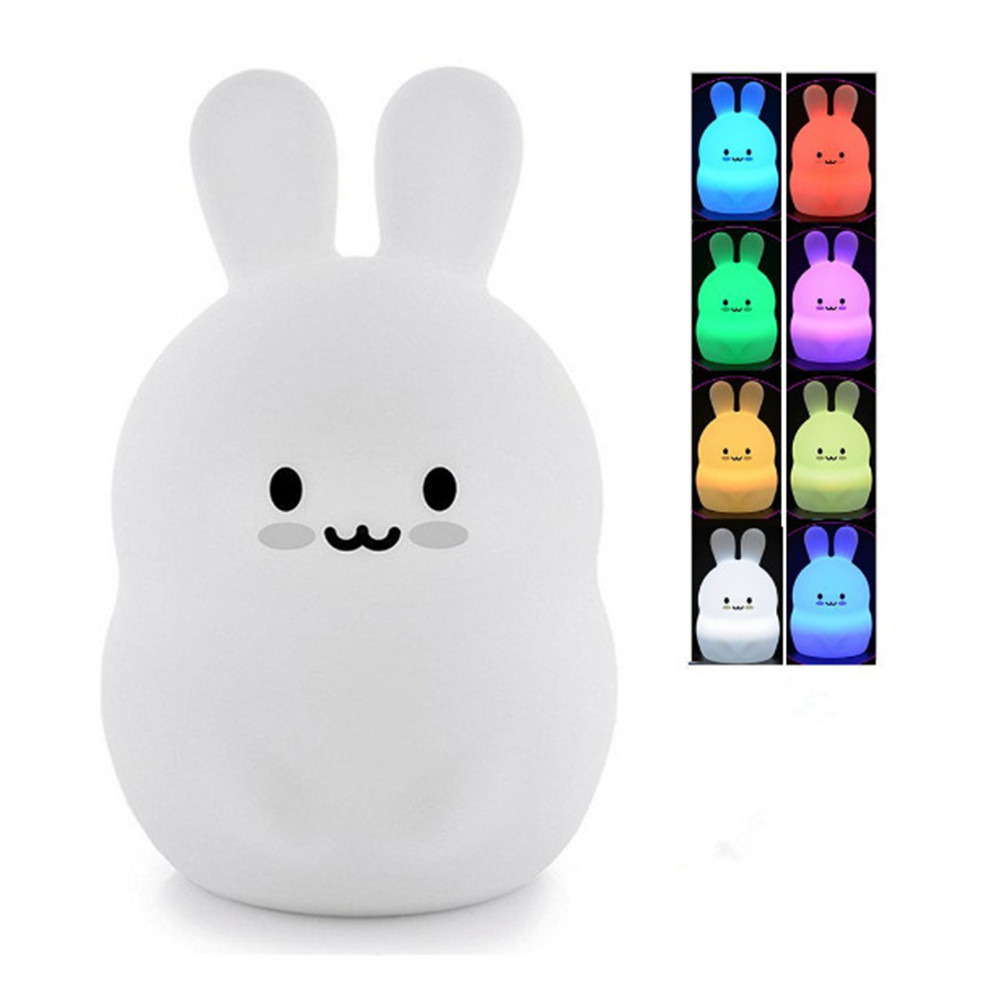 Rabbit LED Night Light Touch Sensor 9 Colors Battery Powered Cartoon Silicone Bunny Bedside Lamp for Children Kids Baby Toy Gift alx