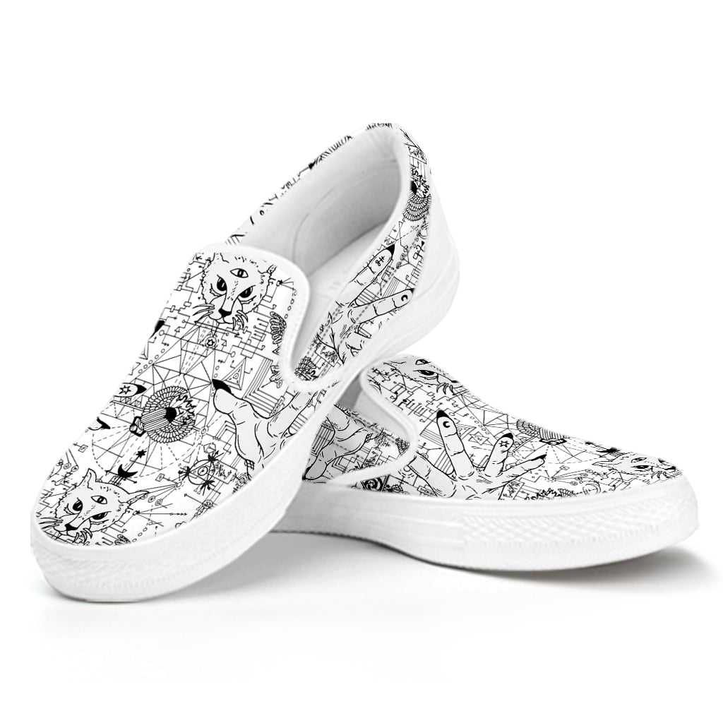 White And Black Wicca Magical Print White Slip On Shoes