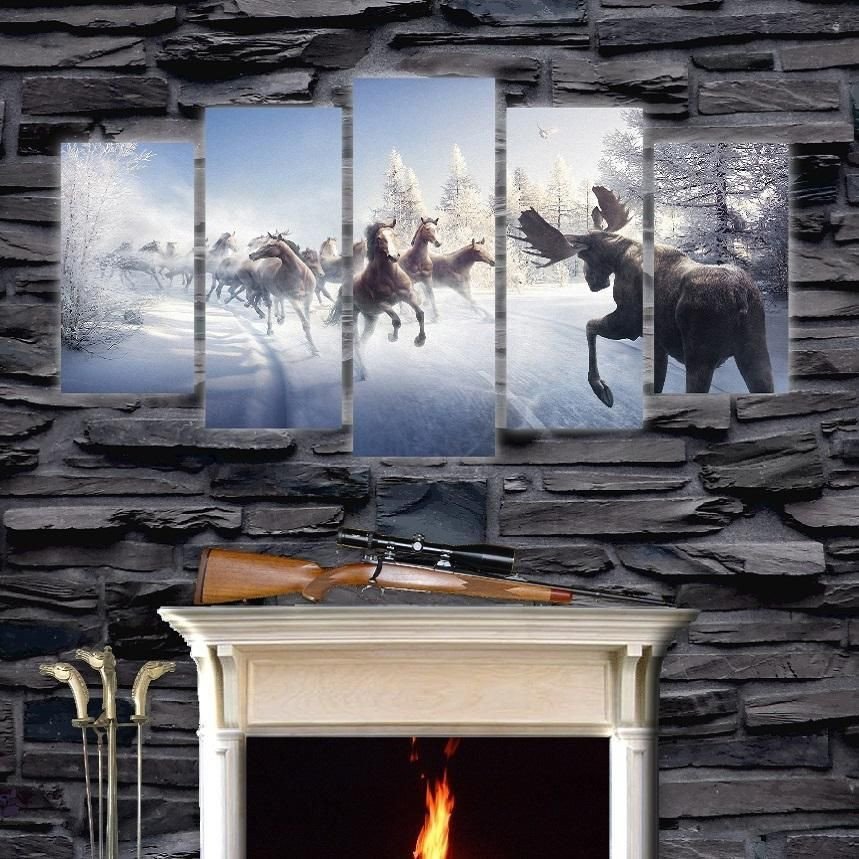 Running Horse And Elk In Snow Winter Deer  Animal 5 Panel Canvas Art Wall Decor