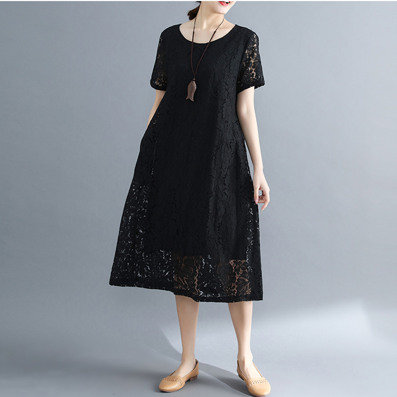 Summer Dress Women vintage 2020 white casual loose A-Line red Dresses elegant lace Hollow Out Fashion black ladies dress alx