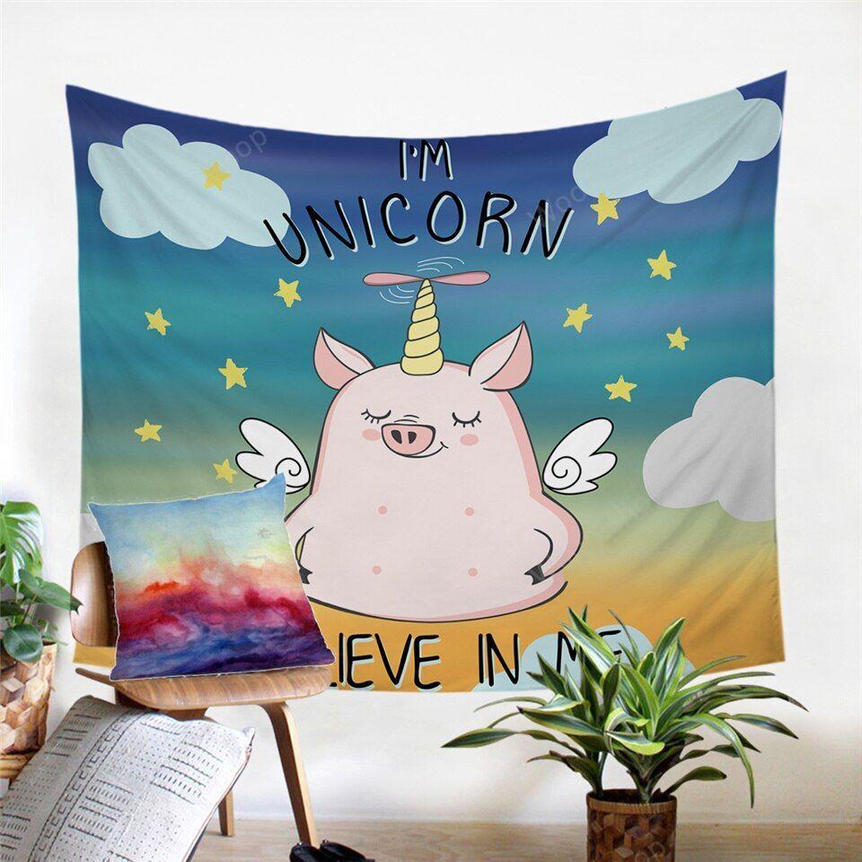 Unicorn Pig Wall Blanket Cute Piglet Decorative Wall Hanging Cartoon Animal Beach Mat Rainbow Kids Sheet 130X150Cm