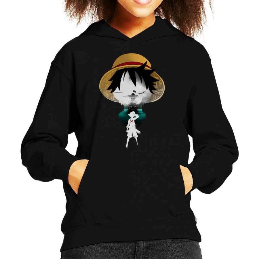 Monkey D Luffy Head Pirate Ship Silhouette One Piece Kid’s Hooded Sweatshirt