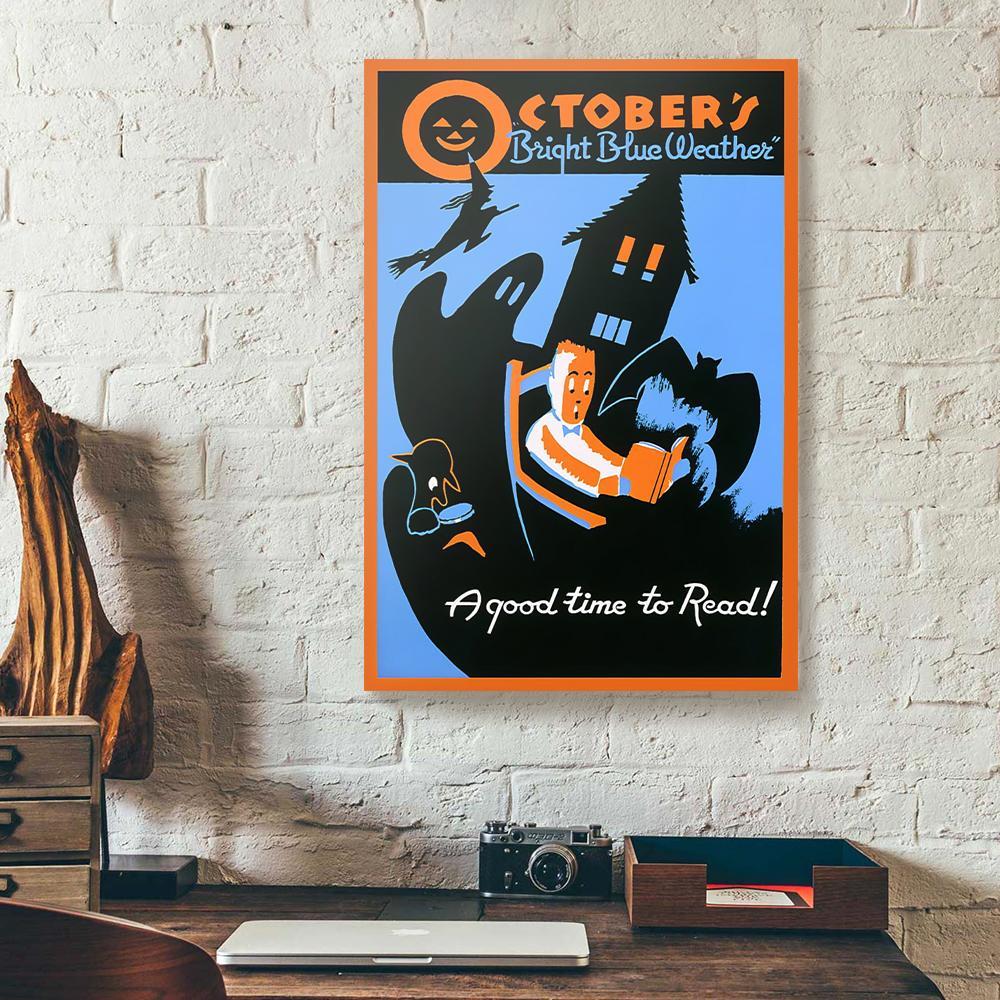 October Bright Blue Weather Reading Books Halloween Canvas And Poster, Canvas Prints, My Poster Wall, Canvas Wall Art, Wall Decor Visual Art, Halloween Gift, Happy Halloween