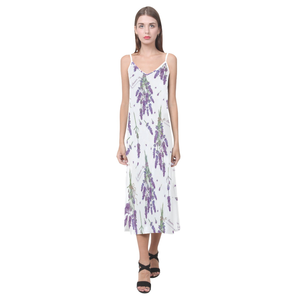 lavender flower design pattern V-Neck Open Fork Long Dress