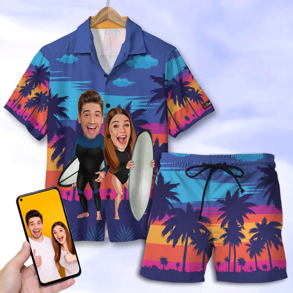 Custom Surfing Couple Hawaii Shirt And Men Beach Sunset Pattern Ha93477