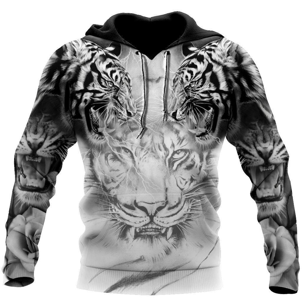 B&W Double White Tiger Tattoo Hoodie 3D