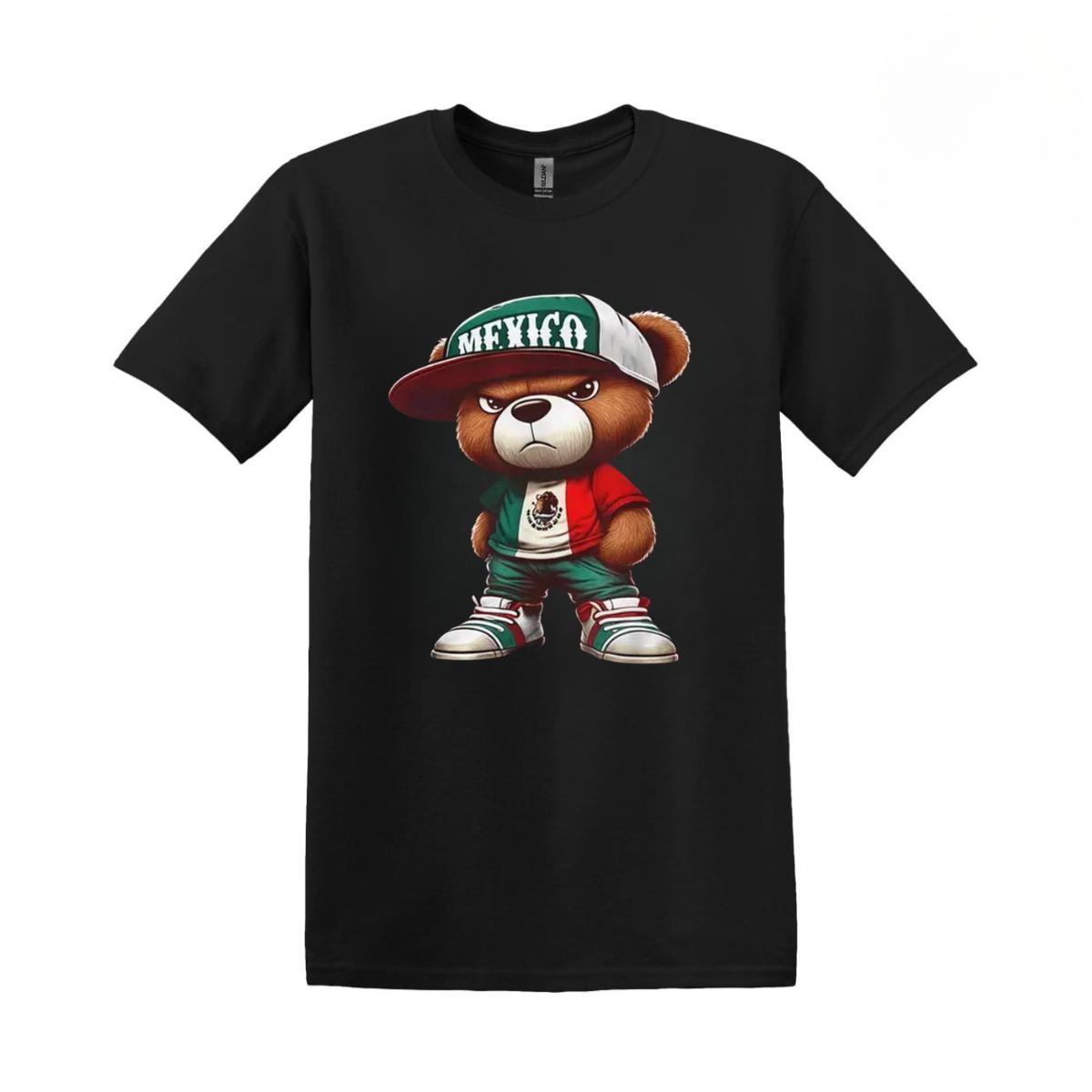 Mexican Bear Mens Fashionable Crew Neck T-Shirt – Comfortable Fit, Slight Stretch, Bold Graphic Print for Casual Summer and Spring Wear Black Cotton