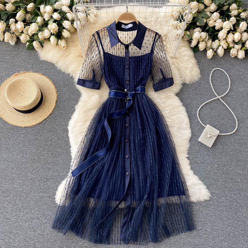 Summer Mesh Vintage Bandage Long Dress Women Short Sleeve Single Breasted Casual Dress Elegant Evening Party Robe Longue Dresses alx