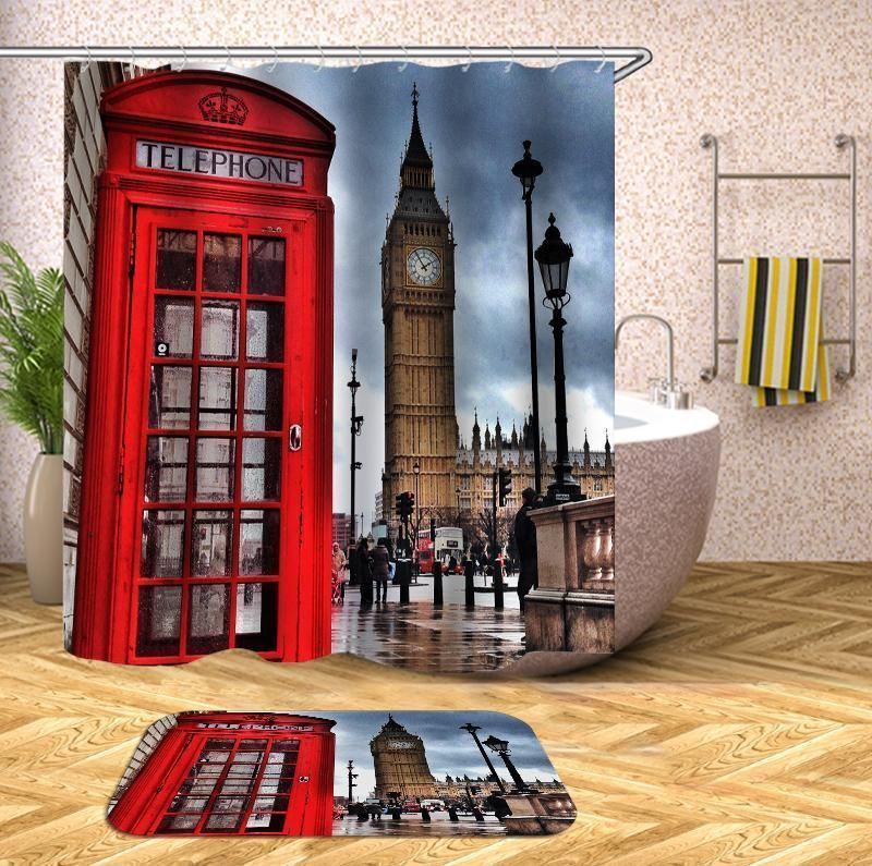 Telephone Booth And Big Ben Tower 3D Printed Shower Curtain Home Decor Gift Ideas 3D Printed Shower Curtain