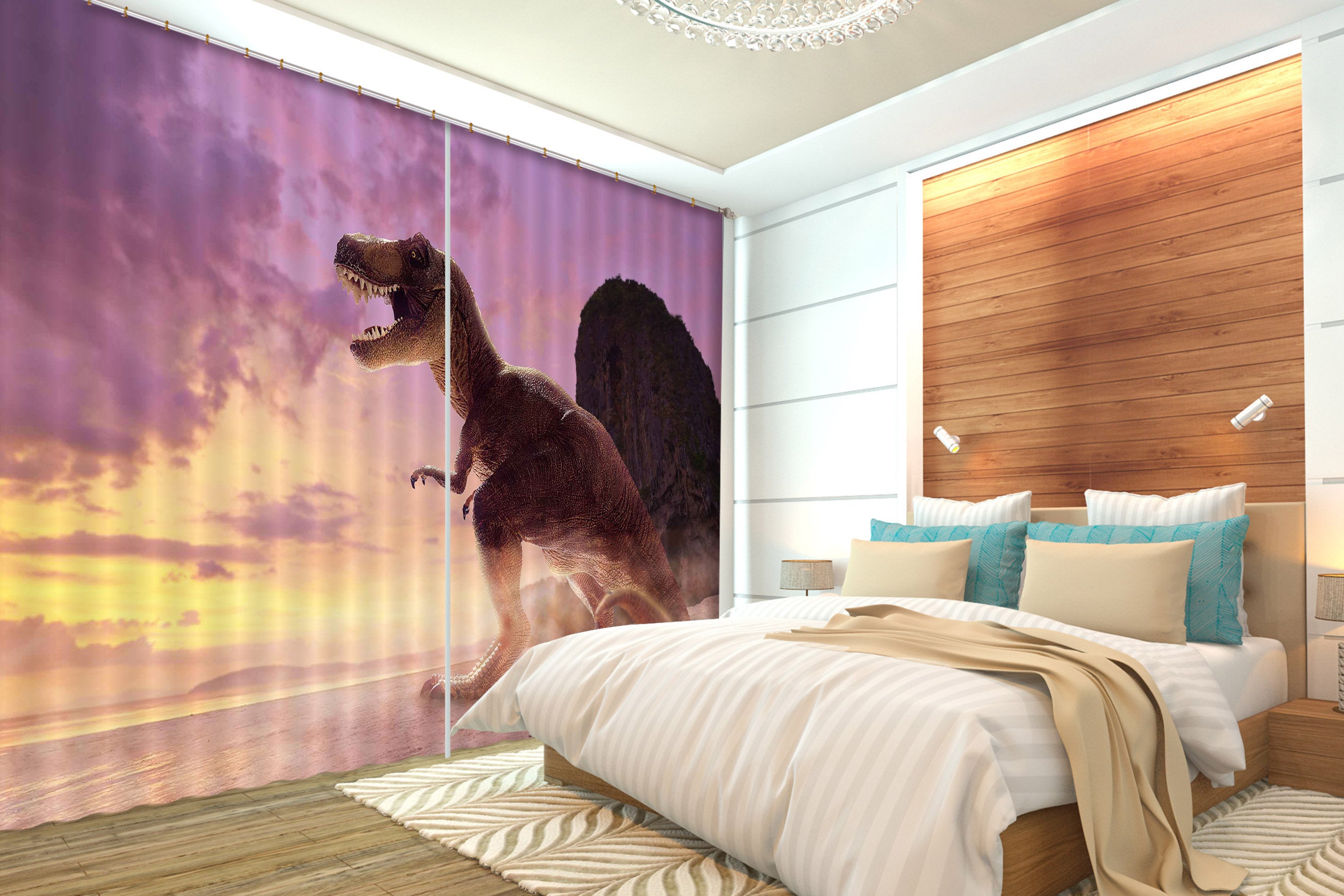 3D Dinosaur With Beautiful Sky C024 Blockout Photo Curtain Print Curtains Drapes Fabric Window | 3D Large Photo Curtain, Jess Art Decoration Wallpaper