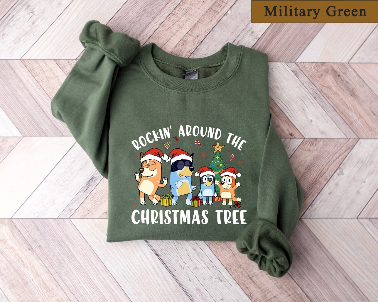 Bluey Christmas Sweatshirt, Rockin Around The Christmas Tree Shirt, Bluey Christmas Shirt