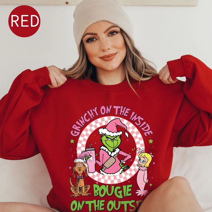 Boojee Grinch Christmas Sweatshirt, Bougie Grinch Christmas Shirt, Grinchy On The Inside Bougie On The Outside Shirt, Pink Grinchmas Shirt – Red