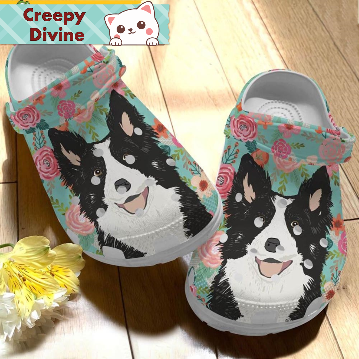 Border Collie Floral Clogs Clog Shoes