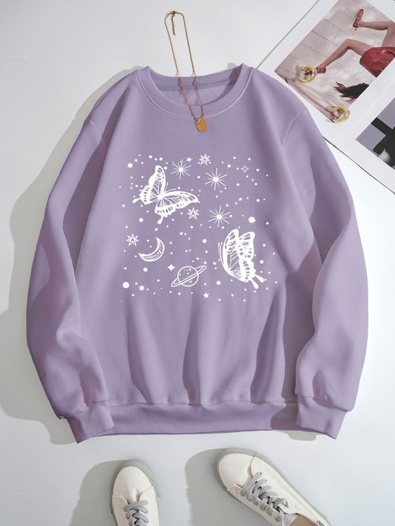 Butterfly And Galaxy Print Thermal Lined Sweatshirt