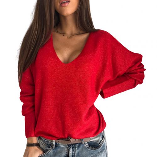 Women Autumn Loose Solid Color V Neck Long Sleeve emperament Simple Candy-colored Plush Pullover Sweater Top Xmas Gift alx