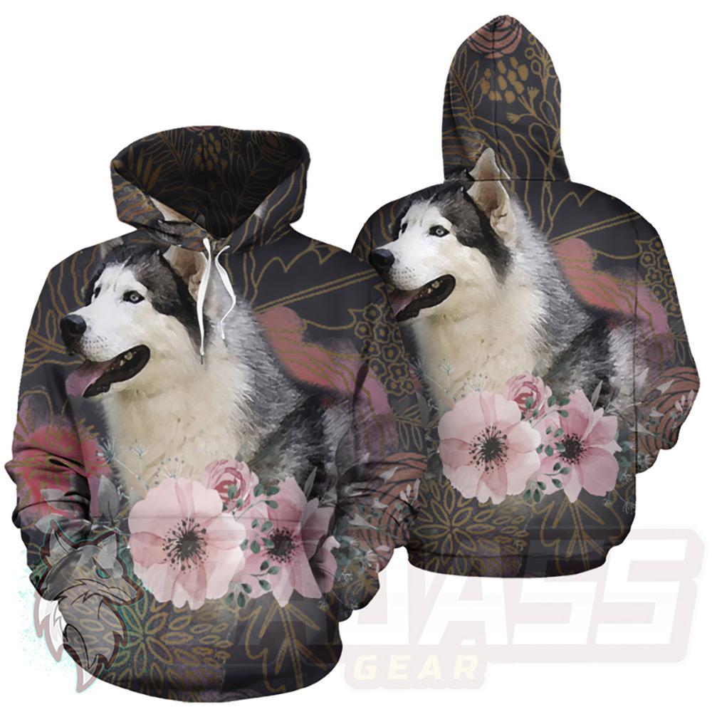 Husky and Flowers HUK-0002 Hoodie Allover