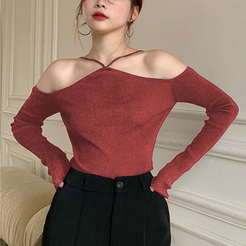 Sweater Sexy Off Shoulder Slim Knitted Sweaters Long Sleeve Pull Femme Autumn Vintage White Black Top Female Mujer 2022 alx