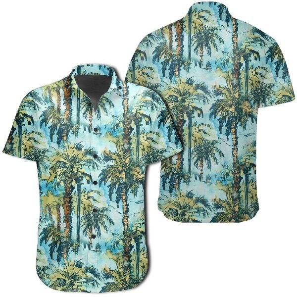 Tropical Palm Trees Blue Hawaiian Shirt V2