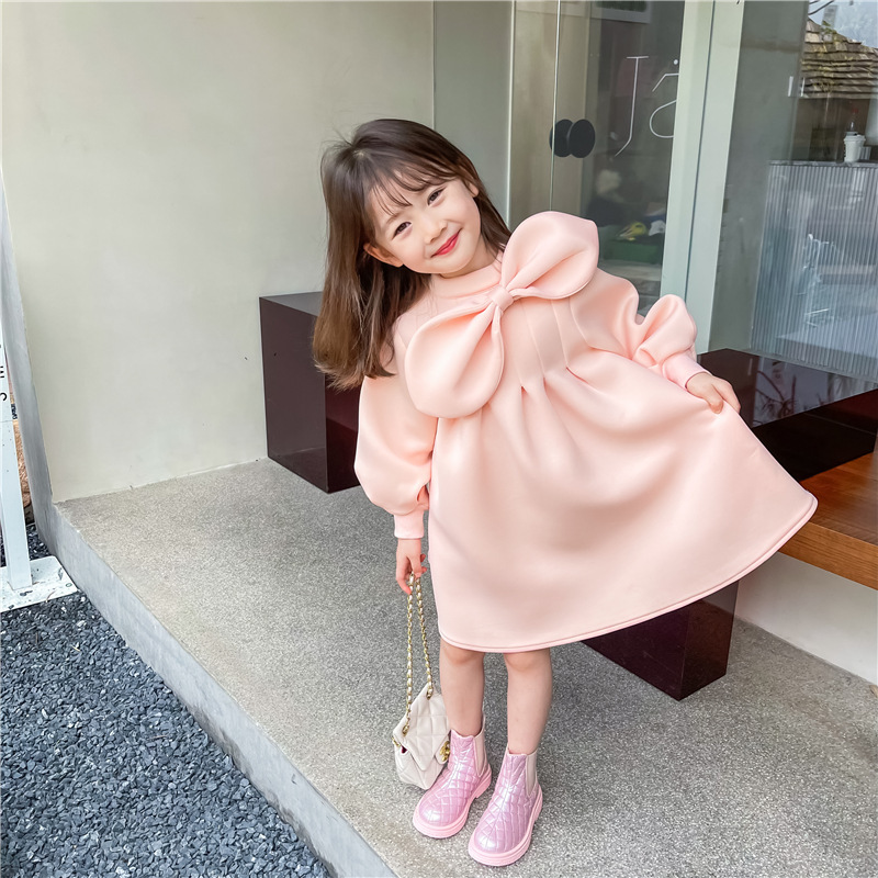 Big Bow 2022 New Girls Air Cotton Dress Soft Fashion Kids Spring Dress Children Clothes Pink Lantern Sleeve,#6697 alx