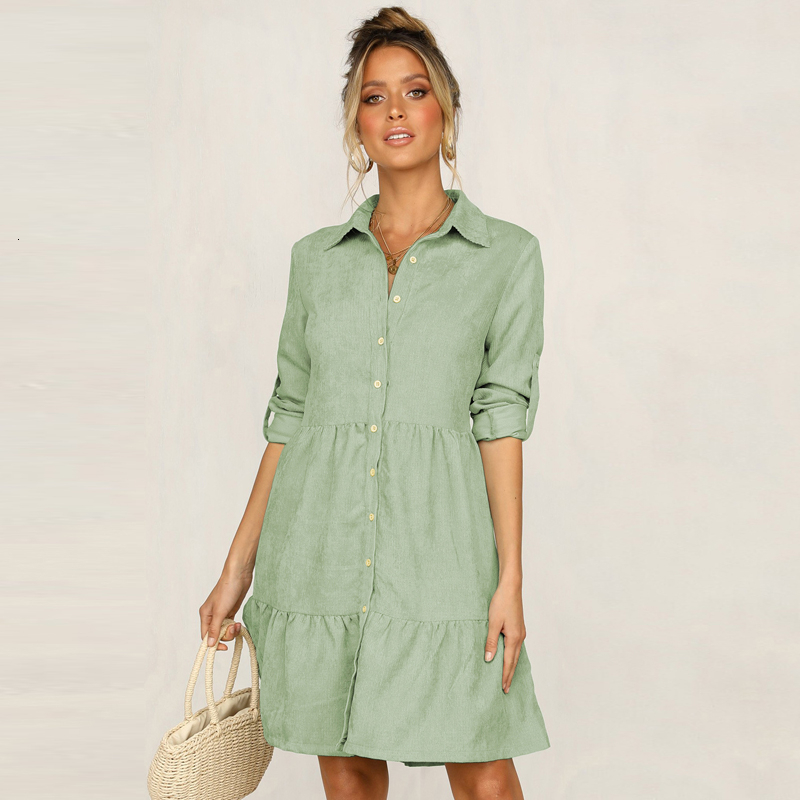 5 Colors 2021 Autumn Winter Women Shirt Dress Single Breasted Casual Draped Pleated Dresses Female Ruffles A-line Dress Pink alx