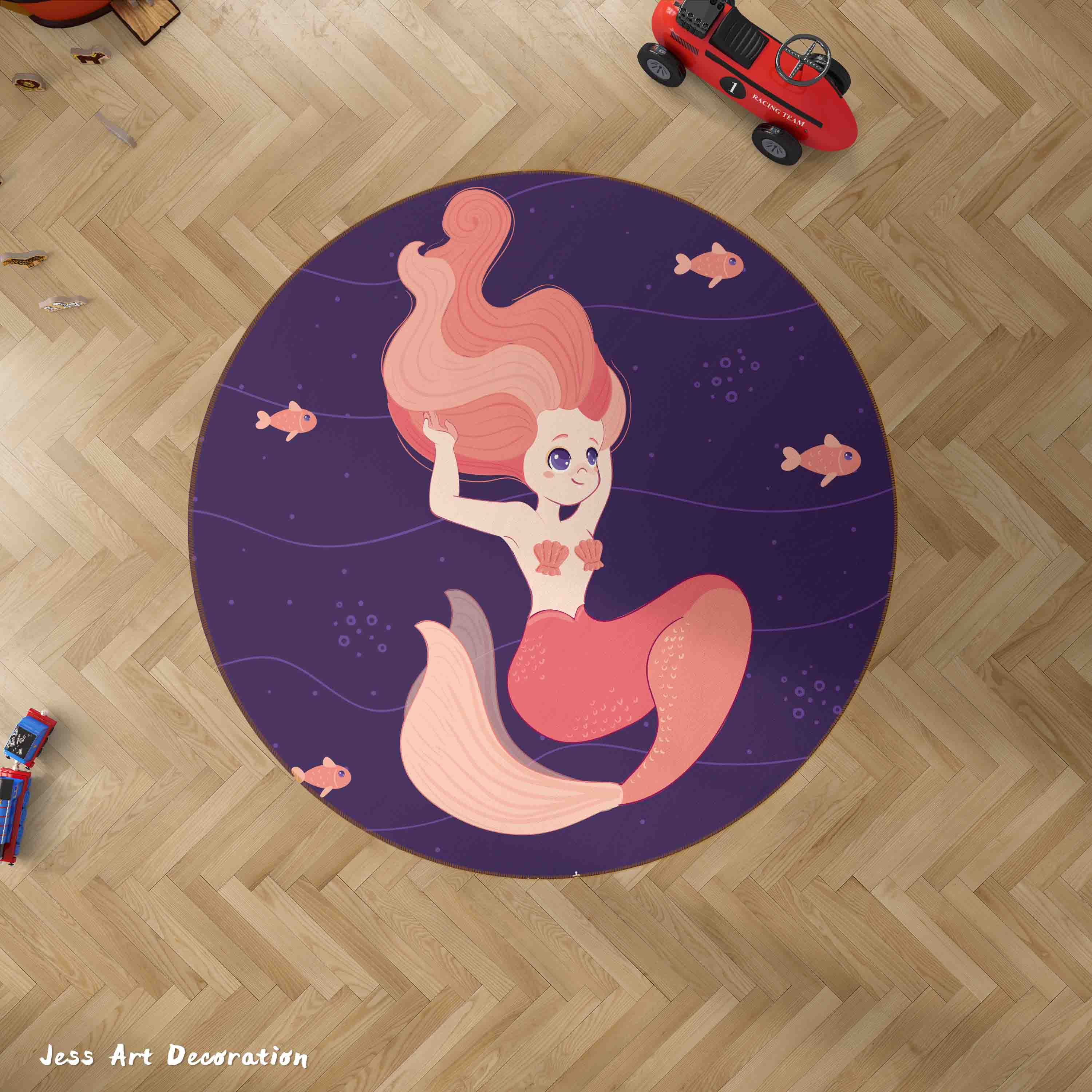 3D Cartoon Animals Mermaid Kids Non-Slip Round Rug Mat 51