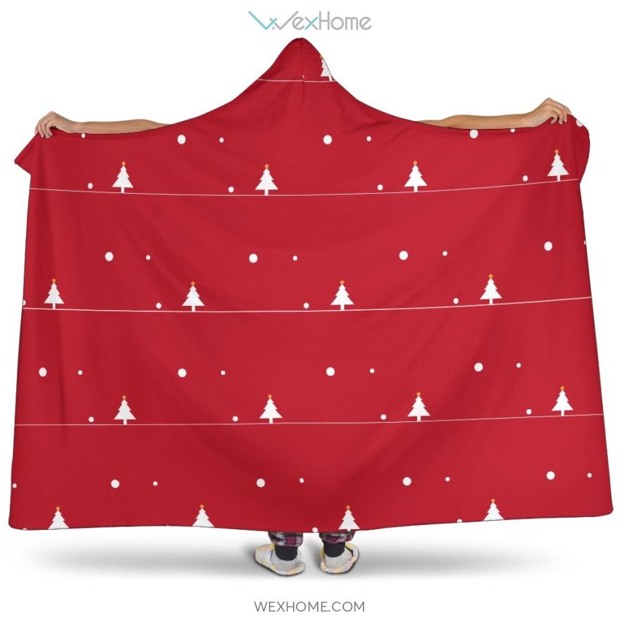 Christmas Tree Star Snow Red Background Hooded Blanket