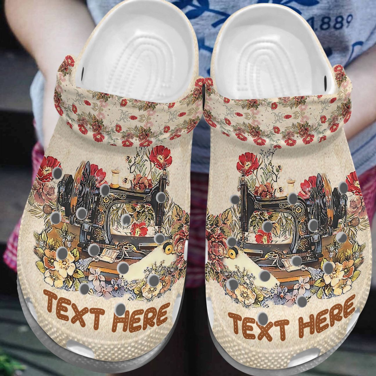 Sewing Personalized Personalize Clog, Custom Name, Text, Fashion Style For Women, Men, Kid, Print 3D Whitesole Floral Sewing Machine