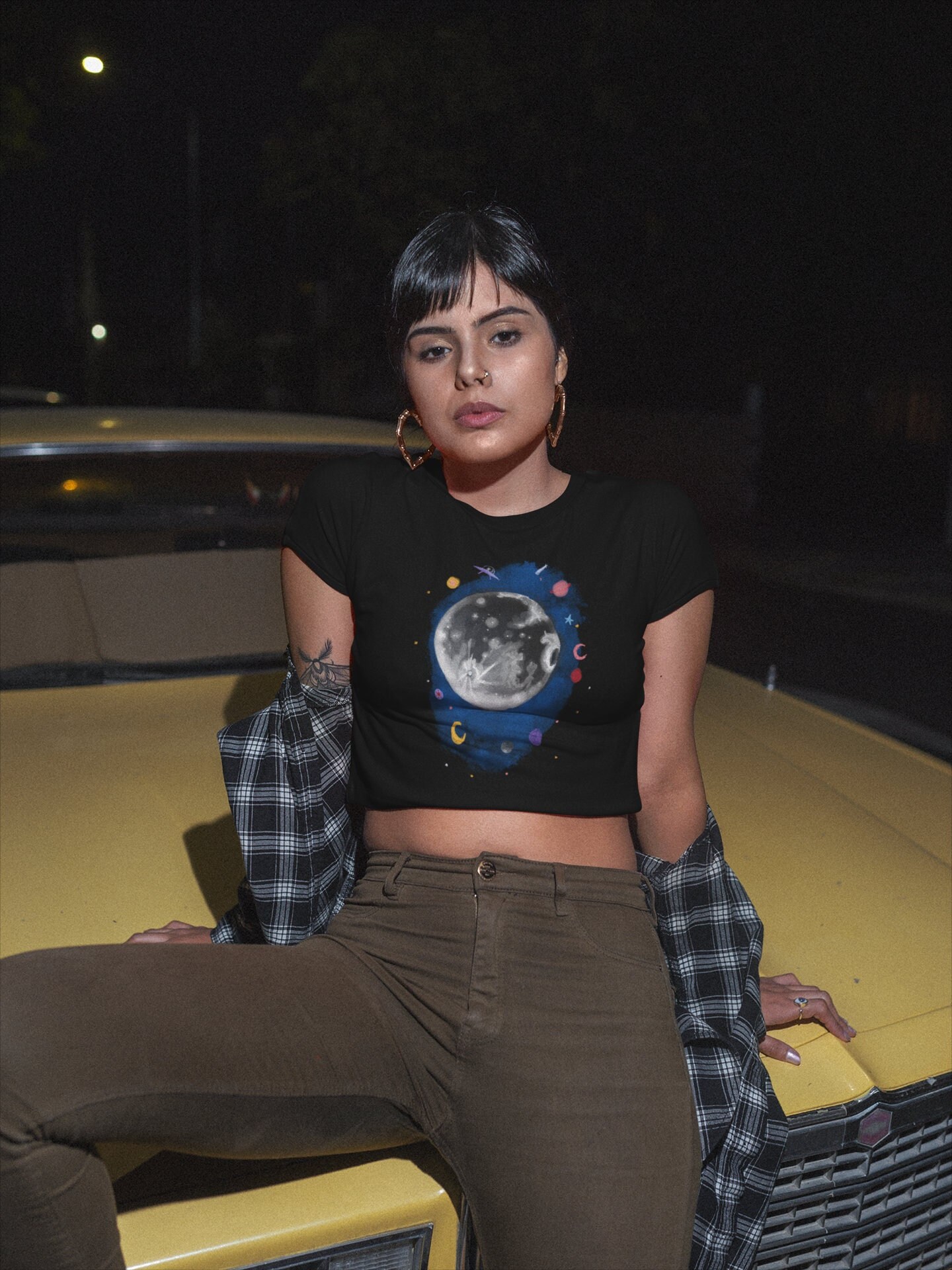 Moon In Galaxy Black Crop T-Shirt, Mystic Planet Stars Luna Illustration Cropped Tee, UFO Galactic Cosmic Printed Street Shirt, Cartoon Moon