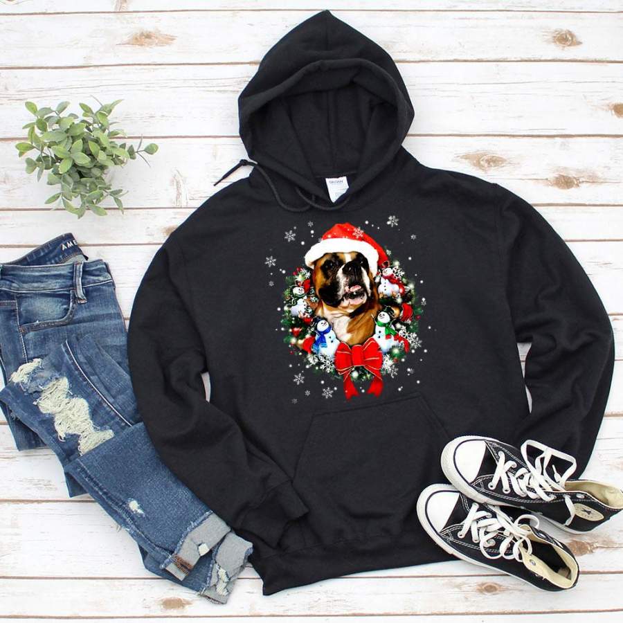 Happy boxer wreath christmas snowman snowflakes santa hat lovers black hoodie for men and women S-5XL