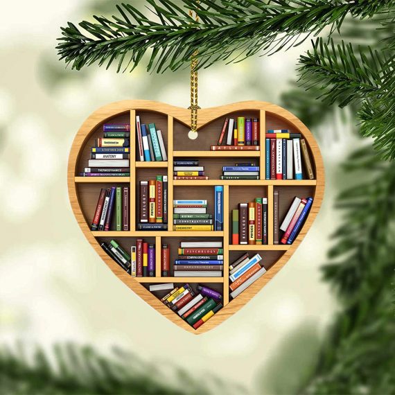 Xmas Gifts Gift For Book Lover Hear Bookshelf Merry Christmas Decor Shape Christmas Ornament Hg (9 X 9 Cm)